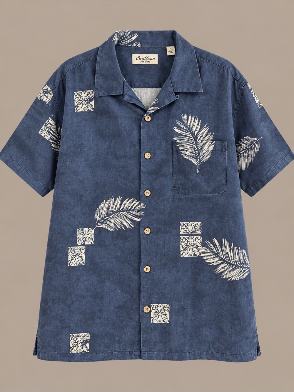Caribbean Navy Blue Palm-Print Short Sleeve Button-Front Shirt